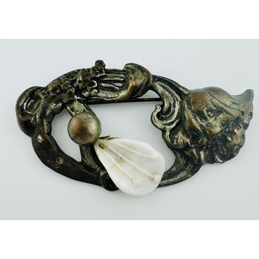Large Art Nouveau Floral Brooch Carved Shell Mother Of Pearl Silver Tone